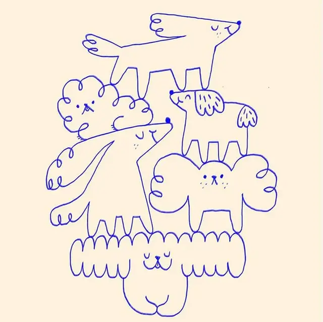 Blue ballpoint doodle of stacked dog characters