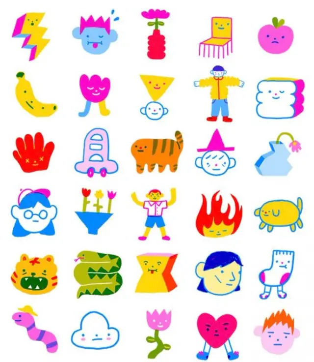 Playful neon sticker sheet — 6x6 grid of whimsical doodle icons