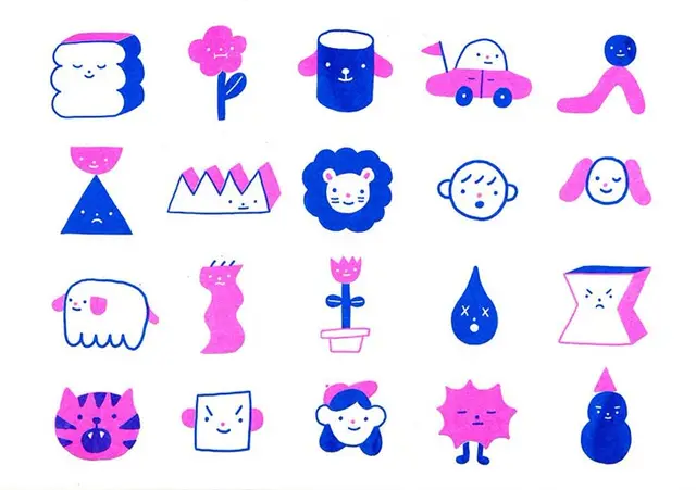 Pink & Blue Kawaii Icon Grid — 20 Hand-Drawn Characters