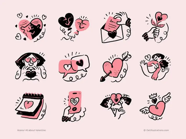 Hand-drawn Valentine Icon Set — Pink Doodle Sticker Sheet (12 icons)