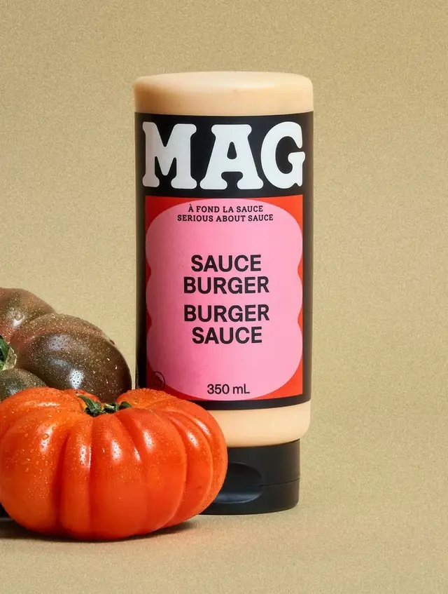 MAG Burger Sauce 350 mL — pink label condiment bottle with tomatoes