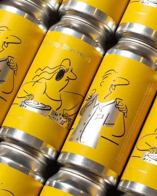 Bright yellow wrap-labeled aluminum cans with black line-illustration (DJ and drinker)