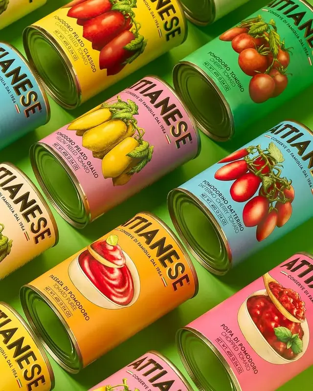 ATTIANESE colorful canned tomato packaging flat-lay