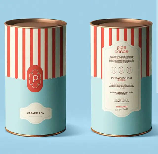 Retro carnival-style popcorn tins with red stripes and pastel blue base
