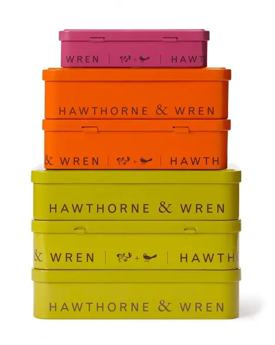 Stacked Hawthorne & Wren Colored Metal Storage Tins — Magenta, Orange, Lime