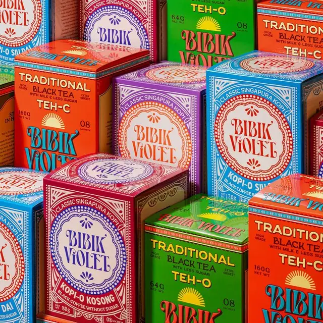 Bibik Violet vintage-style tea & kopi packaging