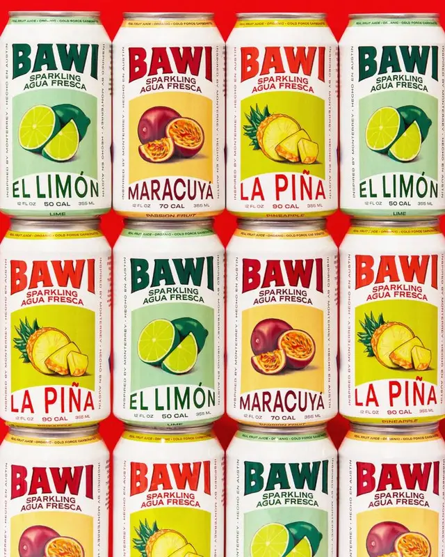 BAWI Sparkling Agua Fresca cans — El Limón, Maracuyá, La Piña — 4x4 grid
