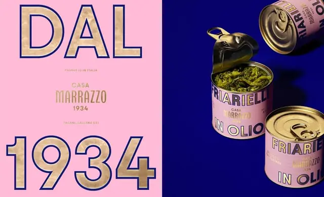 Casa Marrazzo canned friarielli — pink & navy packaging with bold 1934 typography
