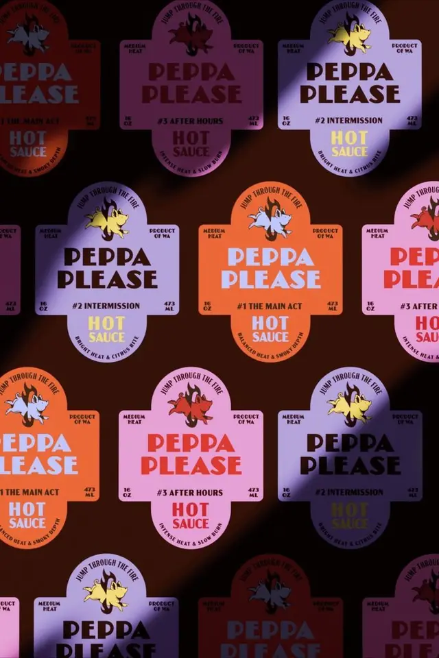 Peppa Please — repeating hot sauce label artwork