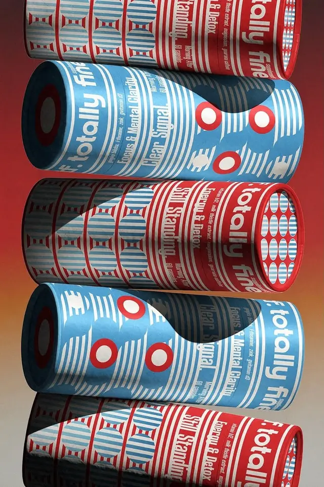 Retro red and blue cylindrical packaging with target motifs
