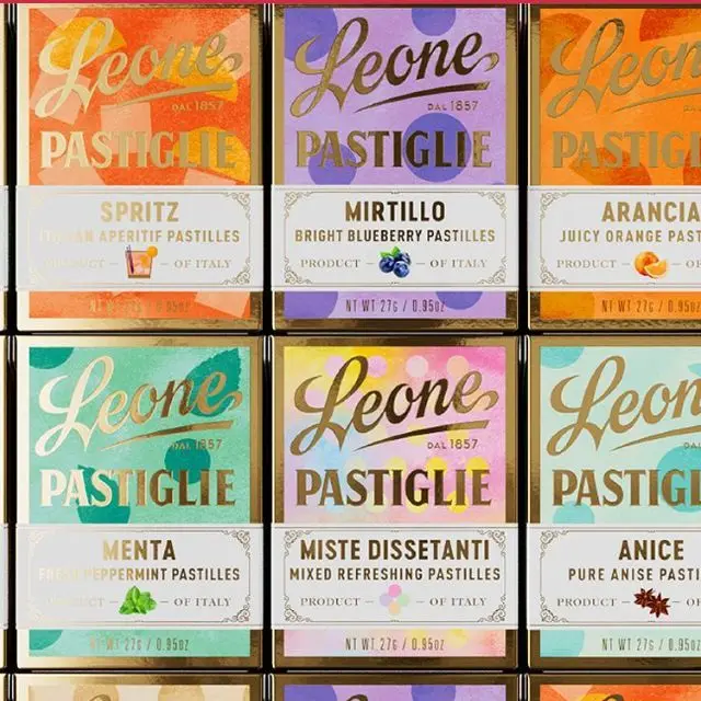 Leone Pastiglie boxed pastille candies — colorful 3x3 retail packaging grid