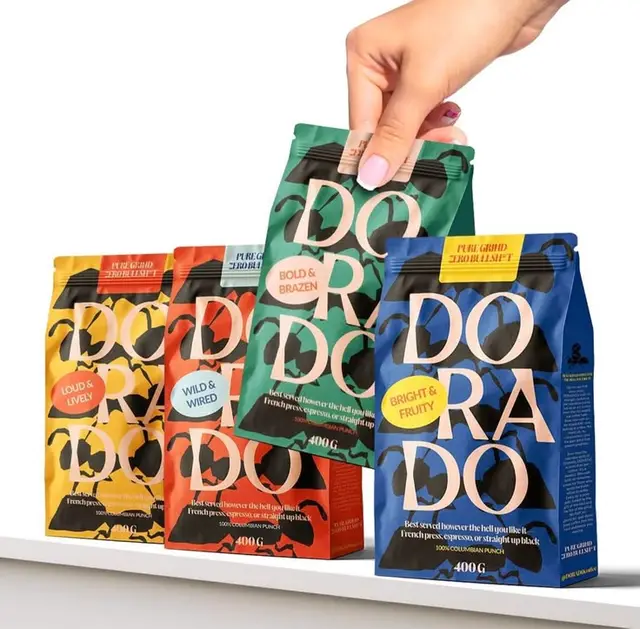 DORADO coffee pouch packaging — color-coded 400g bags