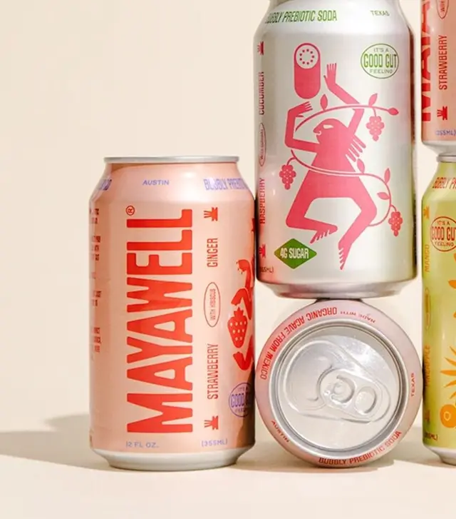 Mayawell strawberry-ginger prebiotic soda cans — pastel packaging
