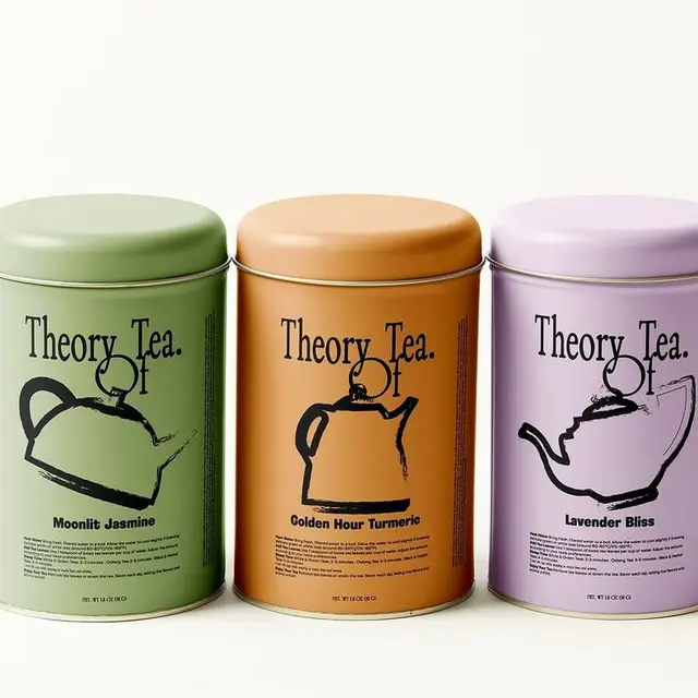 Theory Tea pastel metal tins — Moonlit Jasmine, Golden Hour Turmeric, Lavender Bliss