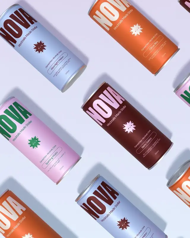NOVA mocktail cans — pastel flat‑lay packaging photo