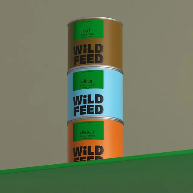Stacked "WILD FEED" canned pet food — beef, salmon, chicken