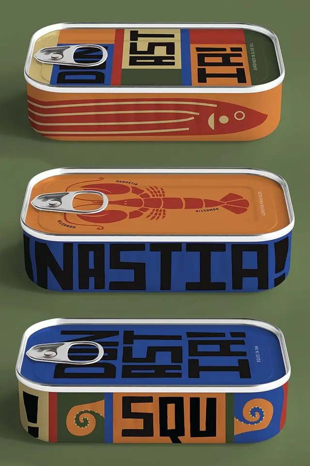Retro seafood tin packaging with bold typography and lobster illustration