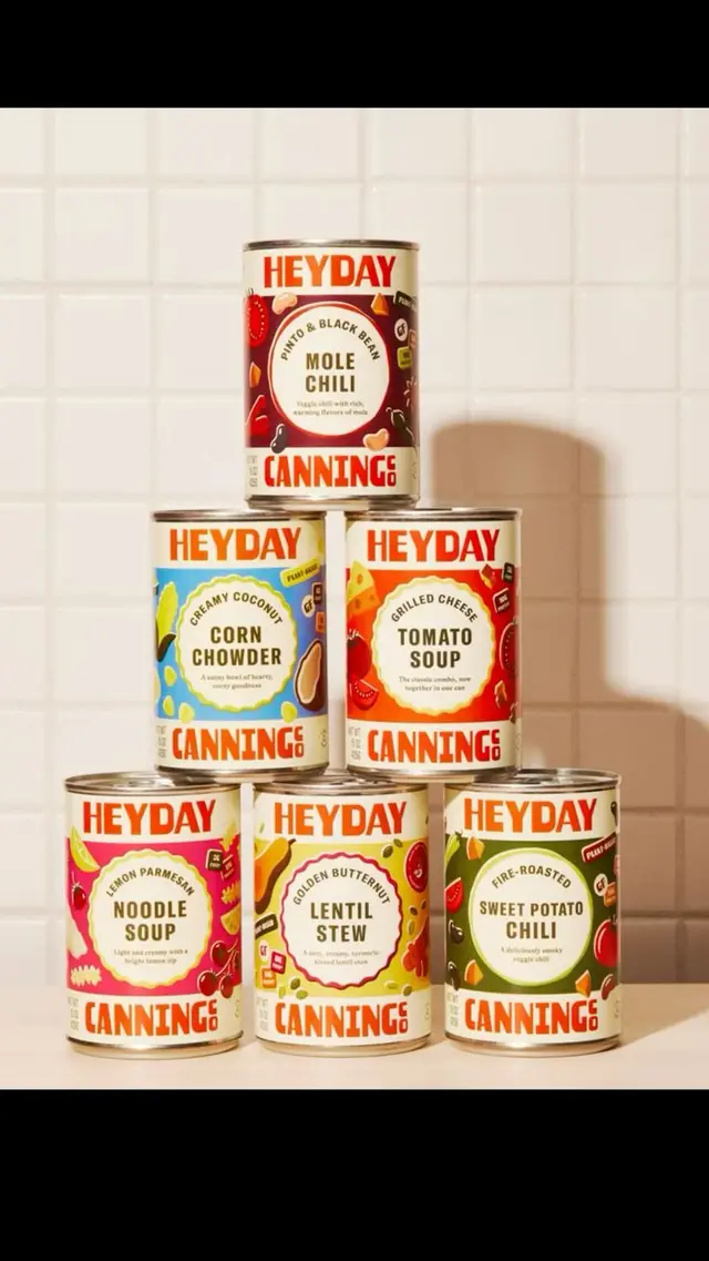 Heyday Canning — stacked soup cans with illustrated labels