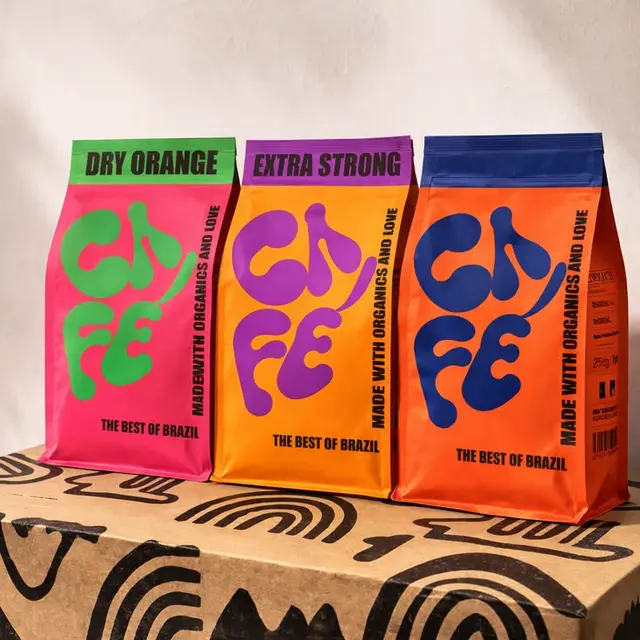 Colorful Brazilian coffee packaging — bold logo on pink, yellow, orange bags