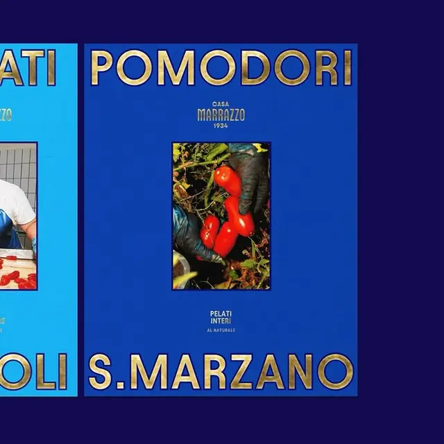 S. Marzano Pomodori label — blue and gold packaging with photographic inset