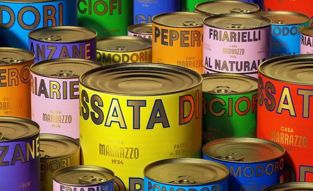 Brightly colored Italian canned tomatoes — Casa Marrazzo labels
