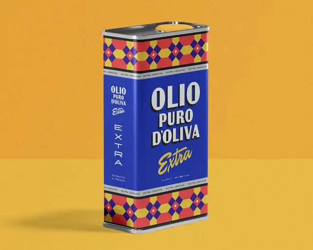Olio Puro D'Oliva — Blue Rectangular Olive Oil Tin with Geometric Bands