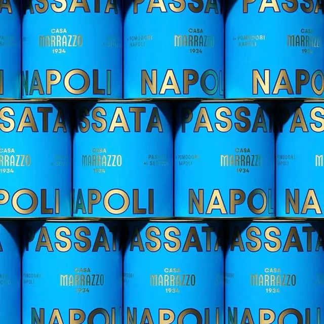 Casa Marrazzo Napoli Passata cans — stacked blue packaging
