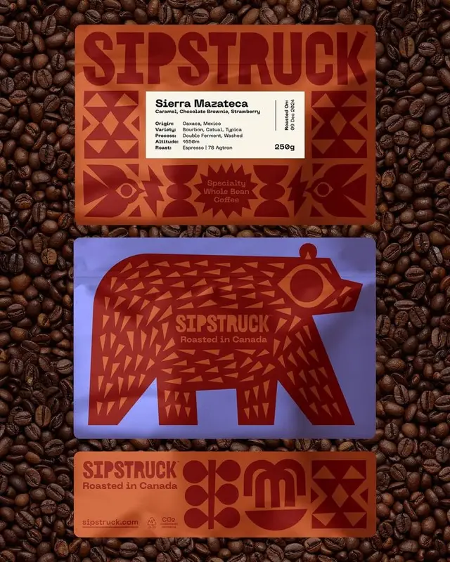 Sipstruck Sierra Mazateca — specialty whole bean coffee packaging with geometric bear