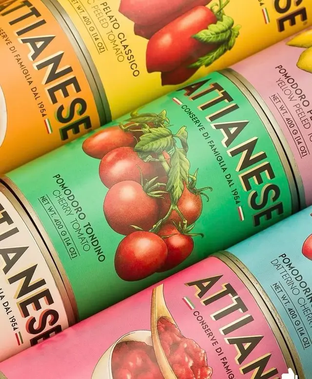 ATTIANESE pastel canned tomatoes — illustrated Italian label packaging