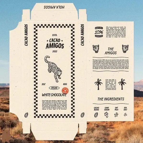 Cacao Amigos white chocolate bar dieline with leopard illustration