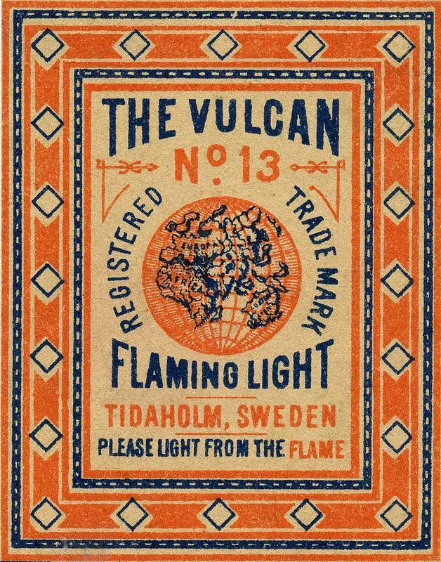 Vintage matchbox label — The Vulcan No 13, Flaming Light (Tidaholm, Sweden)