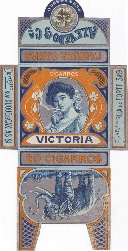 Vintage 'Victoria' cigar box label with smoking female portrait and elephant