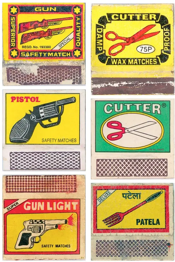 Vintage matchbox label collage with 'GUN', 'CUTTER', 'PISTOL', 'PATELA'