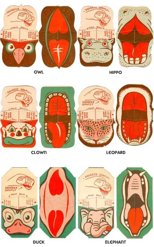 Vintage die-cut paper squeeze puppets — Owl, Hippo, Clown, Leopard, Duck, Elephant