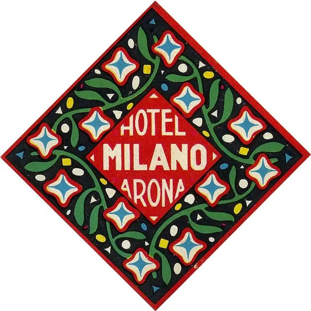 Vintage diamond luggage label — "HOTEL MILANO ARONA"