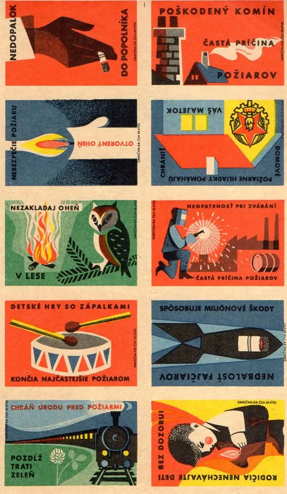 Vintage Czechoslovak fire-safety matchbox labels — illustrated public-safety vignettes