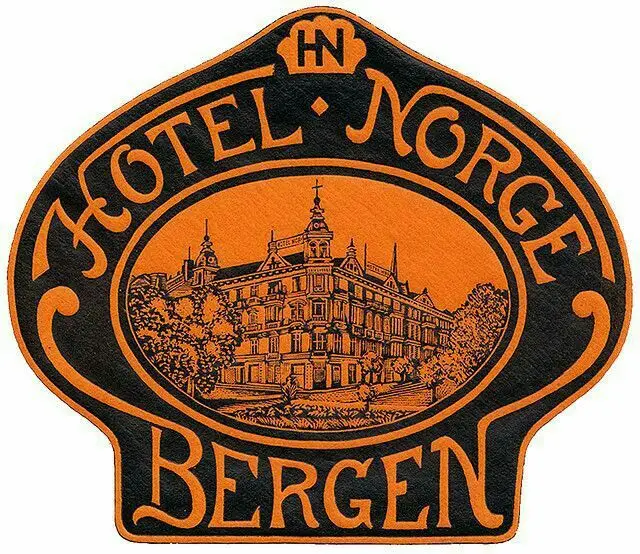 Vintage luggage label — Hotel Norge, Bergen (orange & black)
