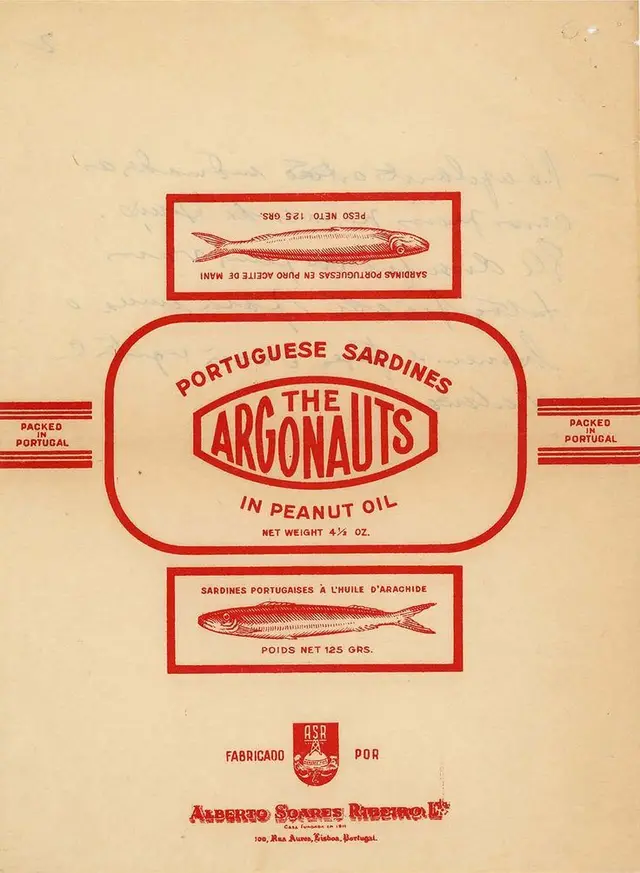 Vintage 'The Argonauts' Portuguese Sardines label — peanut oil