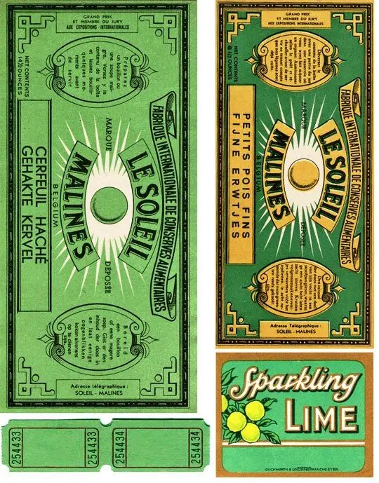 Vintage Belgian food can labels: "Le Soleil - Malines" (peas + lime)