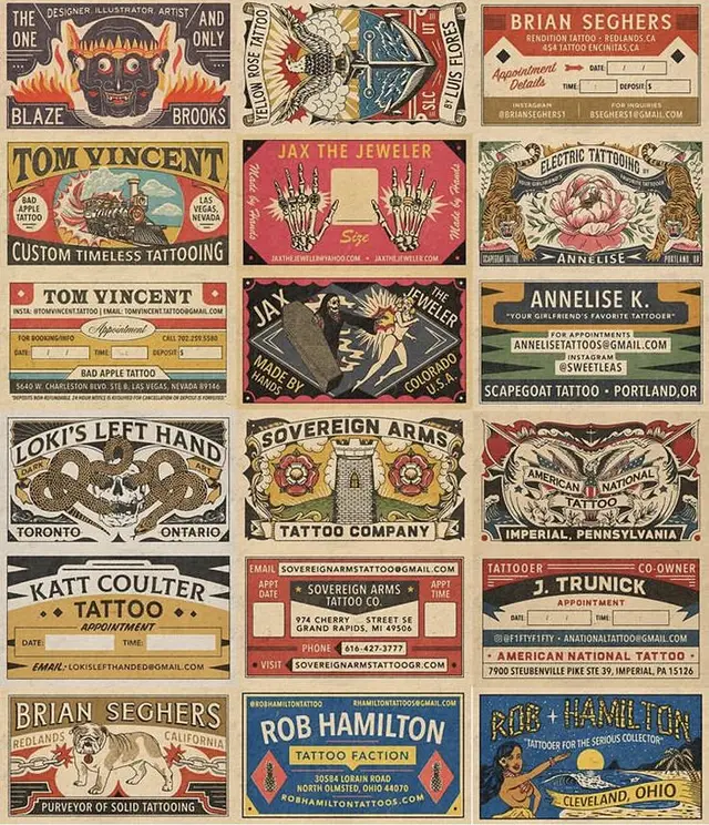 Grid of vintage American-traditional tattoo business & appointment cards