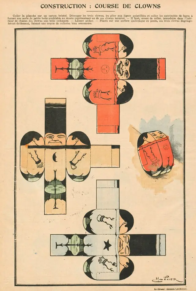 Vintage French cut-and-fold clown templates — "CONSTRUCTION: COURSE DE CLOWNS"