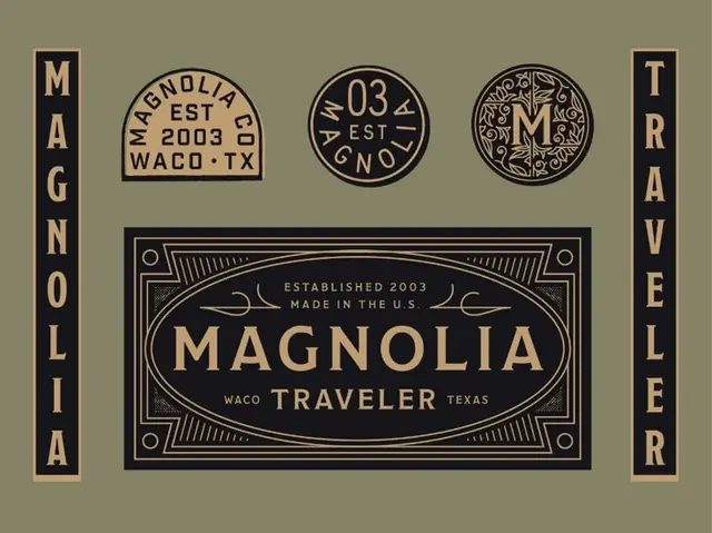 Magnolia Traveler vintage badge and label set — Waco, Texas (est. 2003)