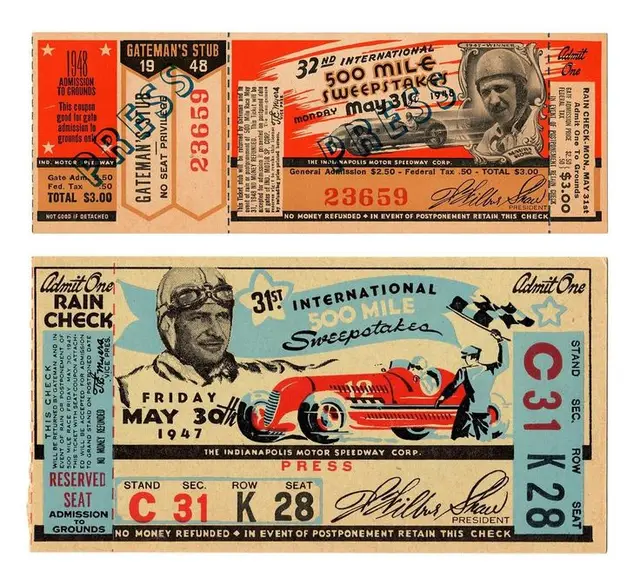 1947–1948 Indianapolis 500 ticket stubs — 31st & 32nd International 500 Mile Sweepstakes