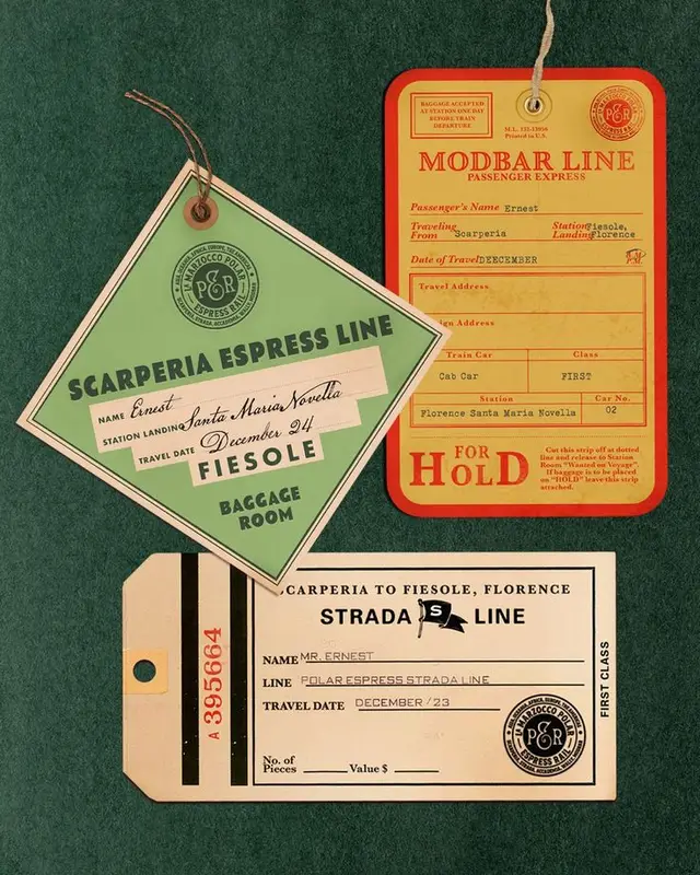 Vintage Italian luggage tags collage — Scarperia to Fiesole, Florence