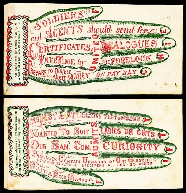 Victorian two-color trade cards with hand-shaped pointing motifs — photographic adverts