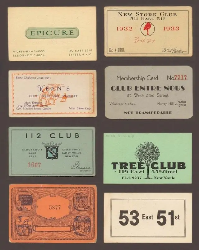 Grid of vintage New York club membership cards, 1930s-era ephemera