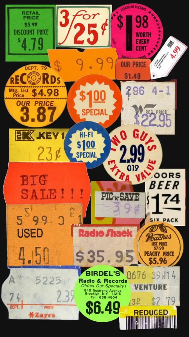 Collage of vintage retail price stickers and sale labels