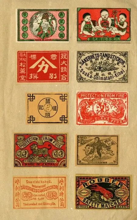 Sheet of vintage matchbox labels — Japanese and European decorative designs