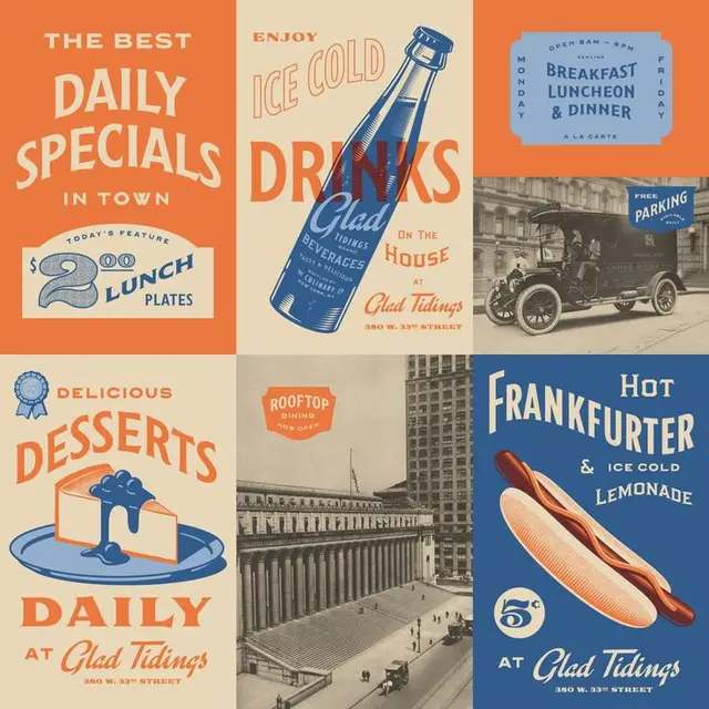 Vintage Glad Tidings restaurant advertising collage