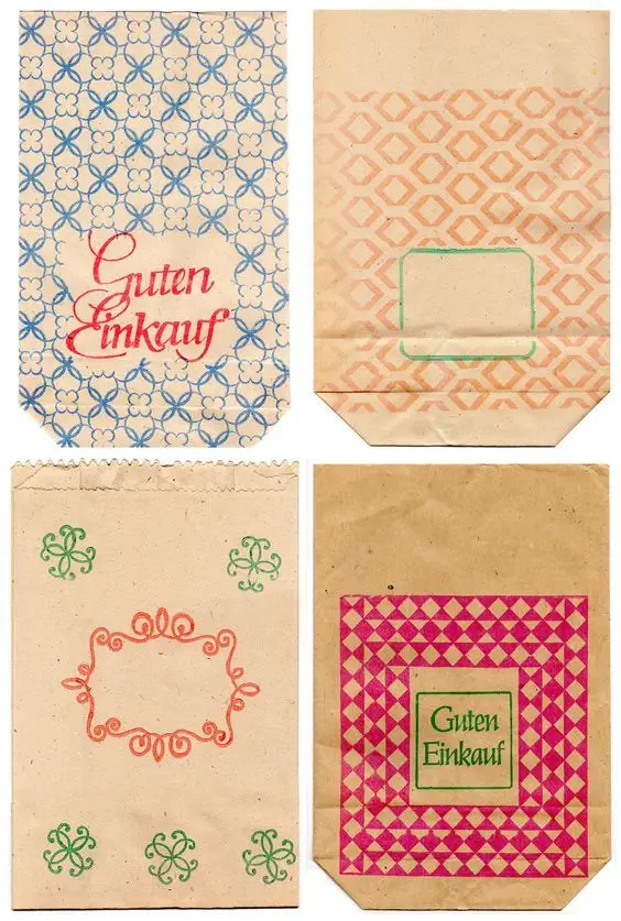 Vintage Kraft Paper Shopping Bags with Printed Patterns and "Guten Einkauf" Labels